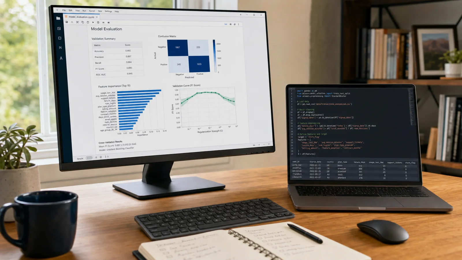 Applied machine-learning workspace with model evaluation charts and data-processing code