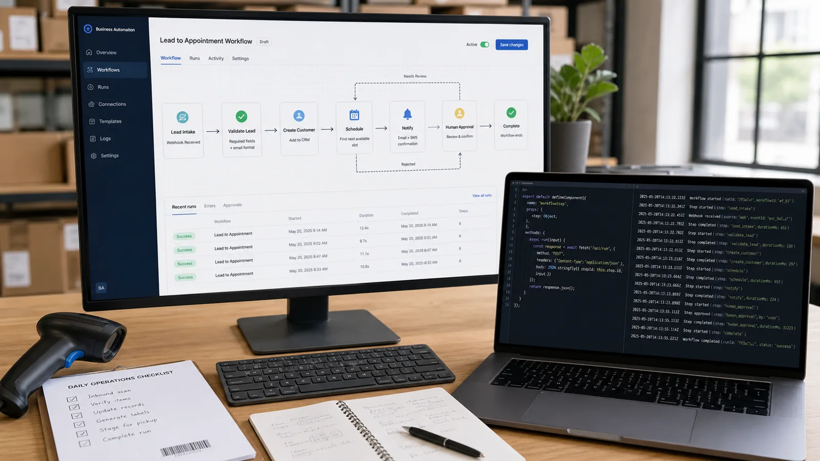 Business automation workspace with a lead-to-appointment workflow and integration logs