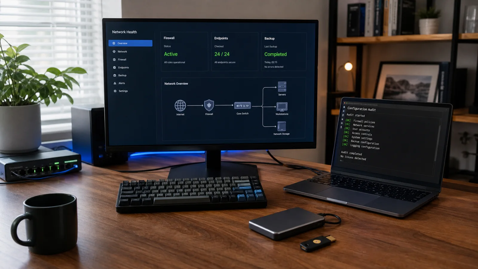 Infrastructure security workspace with network health, backup status, and a configuration audit