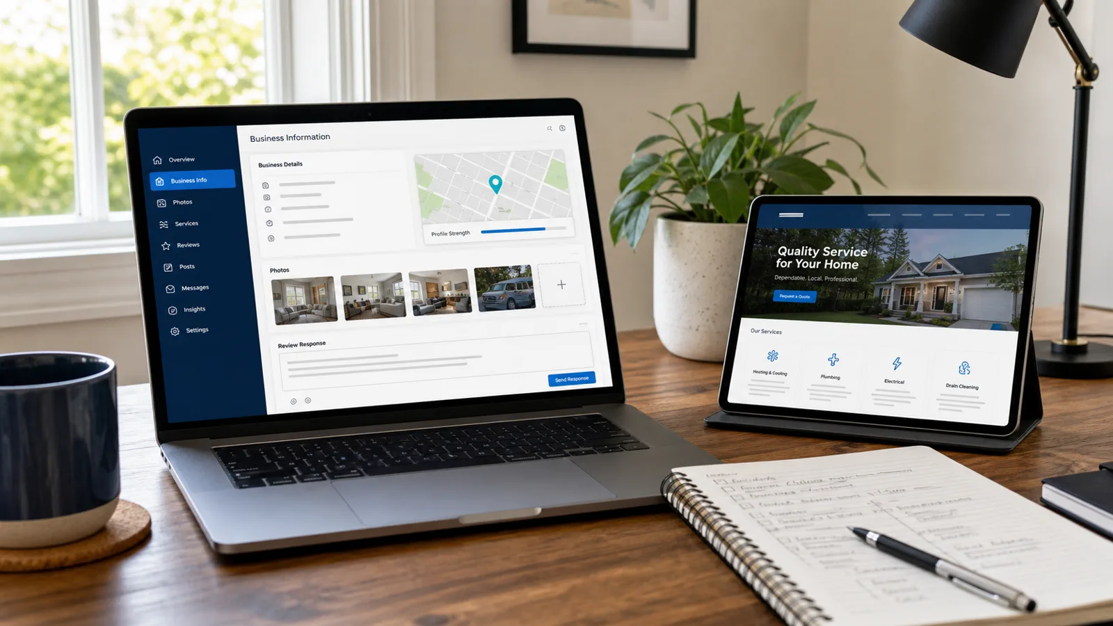 Local visibility workspace with business profile tools and a home-service website preview