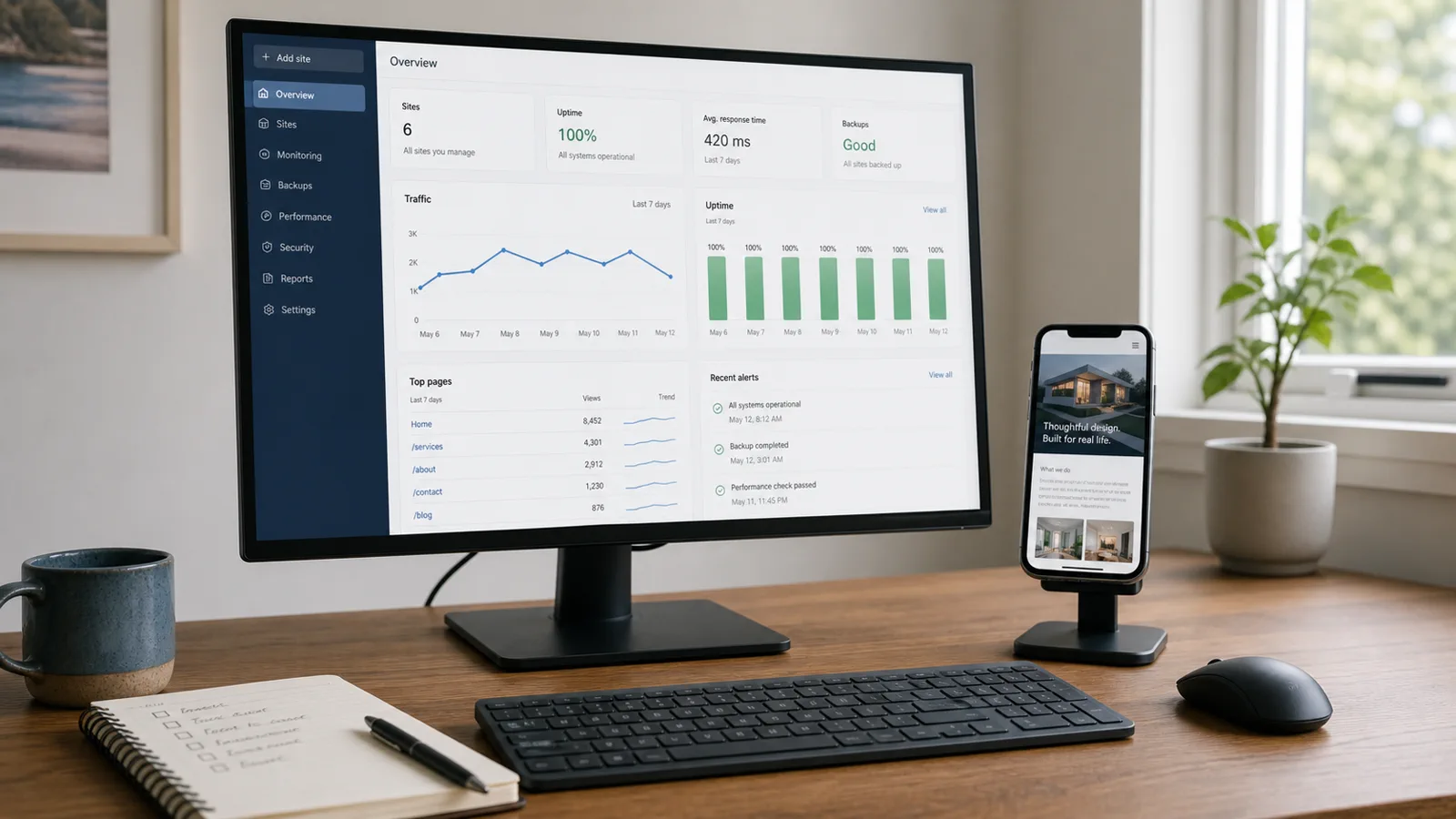 Website operations workspace with a monitoring dashboard and a mobile website preview