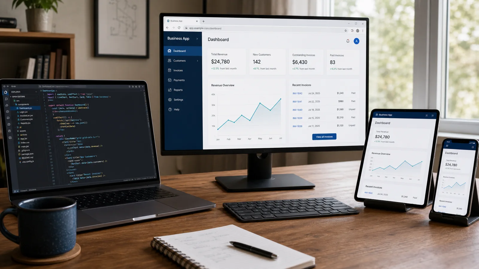 Responsive web application development workspace with desktop, laptop, tablet, and phone previews