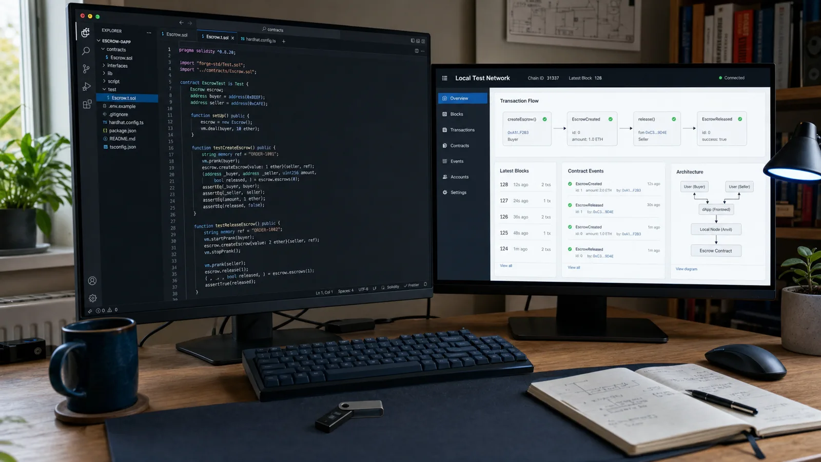Smart-contract development workspace with contract tests and a local transaction flow