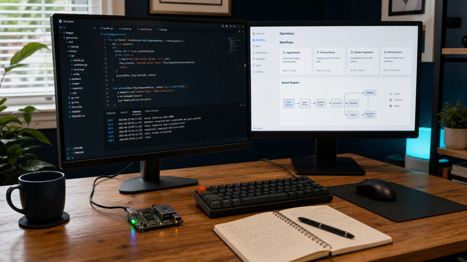 Software engineering workspace with code, an operations dashboard, and a small development board