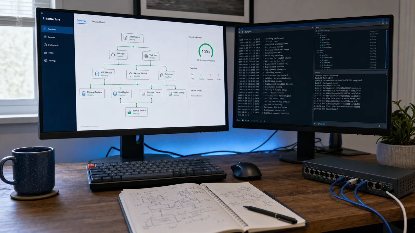 Systems engineering workspace with infrastructure topology, deployment logs, and network hardware